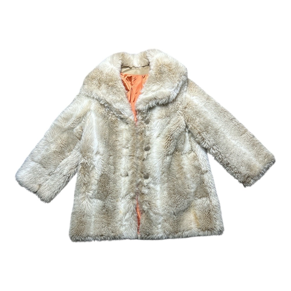 Vintage Montgomery Ward Faux Fur Coat Cream Tan ILGWU Union Made Mid Length‎ L